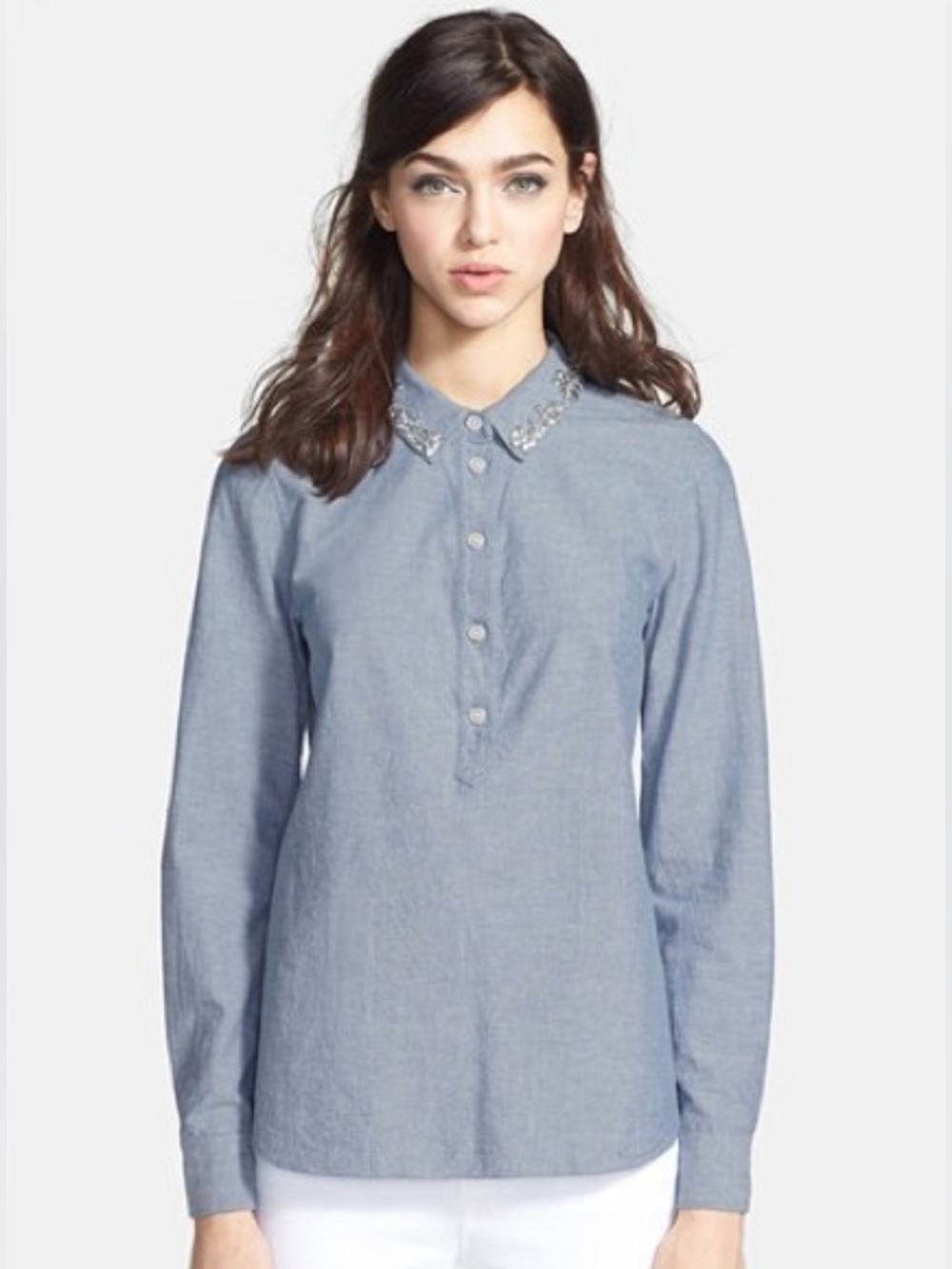 Kate Spade Xander Jewel Collar Chambray Shirt Popover Preppy Luxury. Sk13